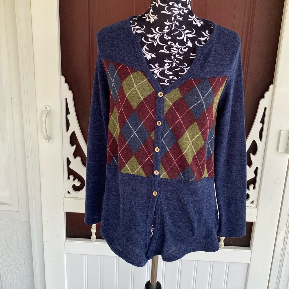 mts Women's V-Neck Button Up Long Sleeve Argyle Cardigan Sweater Size Small
